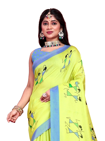 Khadi Silk Warli Printed Saree with Unstitched Blouse for Women-Green-1