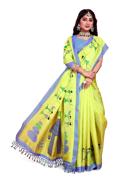 Khadi Silk Warli Printed Saree with Unstitched Blouse for Women-Green-2