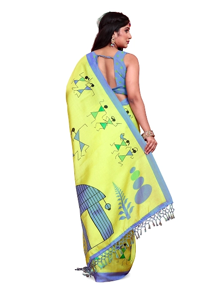 Khadi Silk Warli Printed Saree with Unstitched Blouse for Women-Green-3