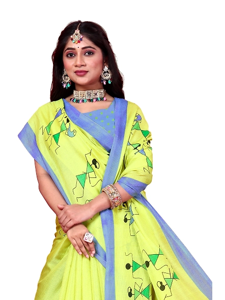 Khadi Silk Warli Printed Saree with Unstitched Blouse for Women-Green-4