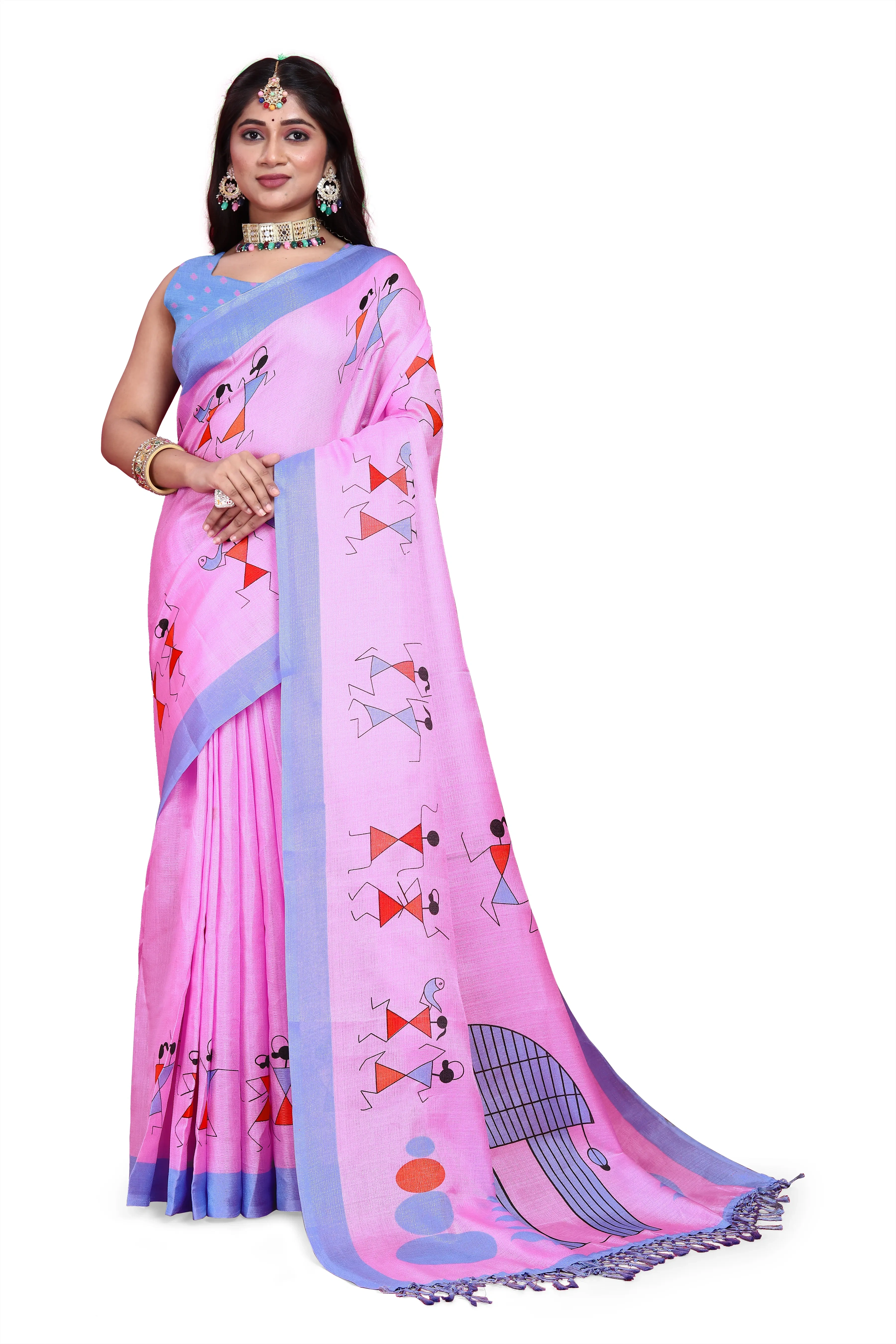 Khadi Silk Warli Printed Saree with Unstitched Blouse for Women-KWJ-Pink