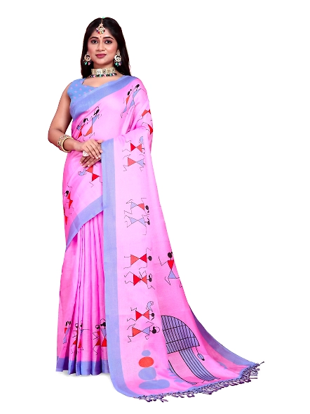 Khadi Silk Warli Printed Saree with Unstitched Blouse for Women-KWJ-Pink