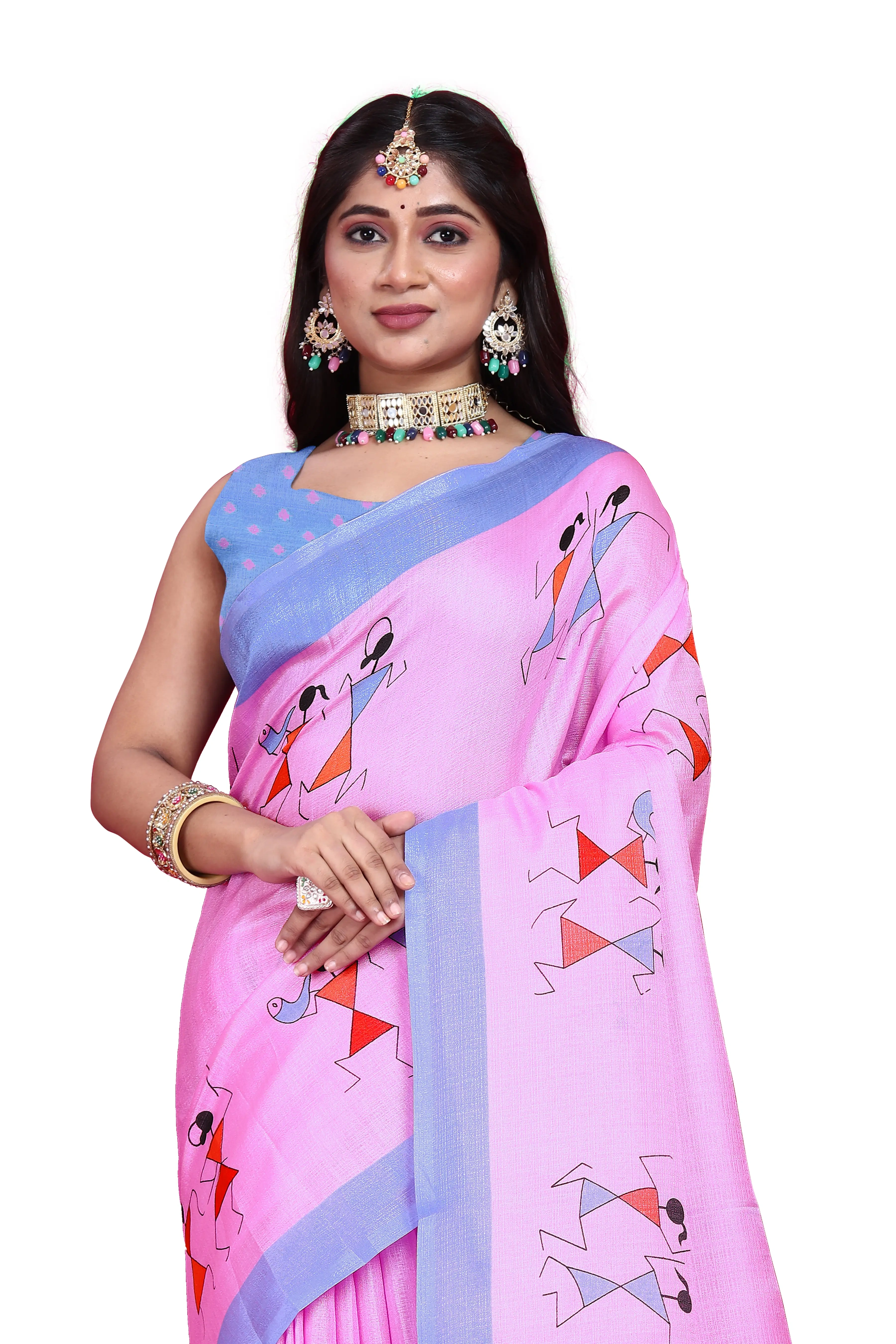 Khadi Silk Warli Printed Saree with Unstitched Blouse for Women-Pink-1