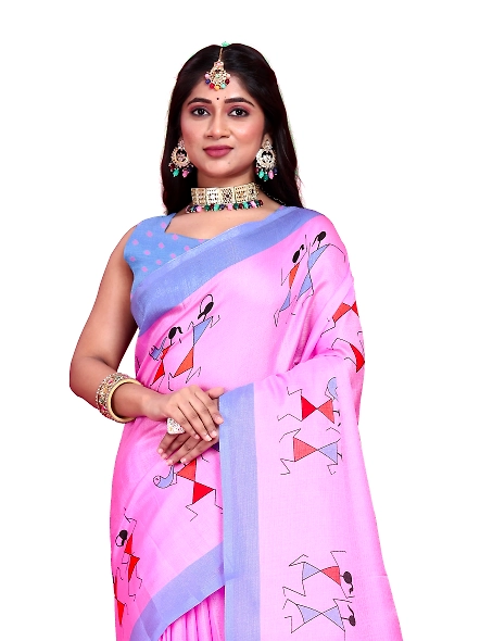 Khadi Silk Warli Printed Saree with Unstitched Blouse for Women-Pink-1