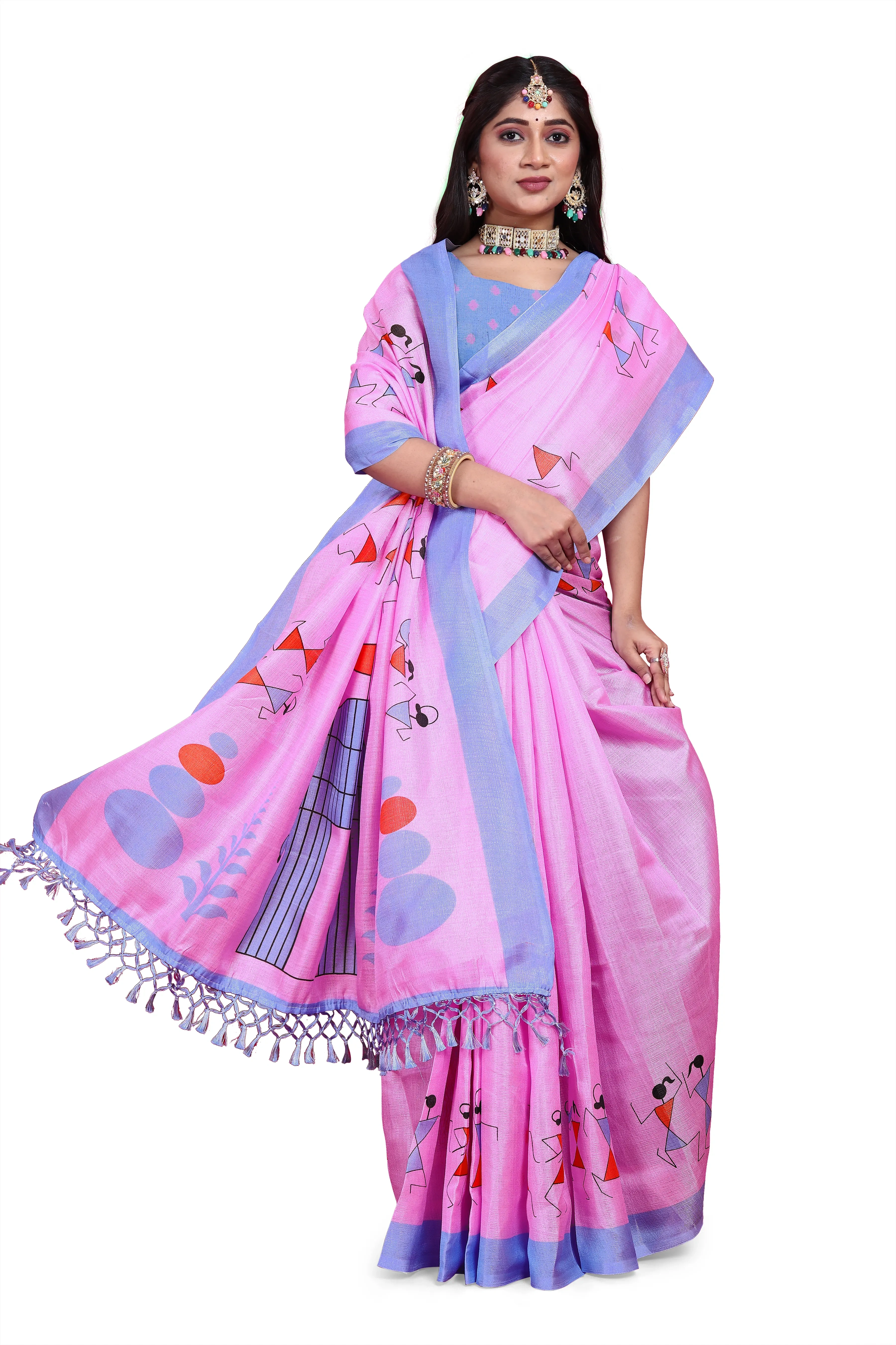 Khadi Silk Warli Printed Saree with Unstitched Blouse for Women-Pink-2