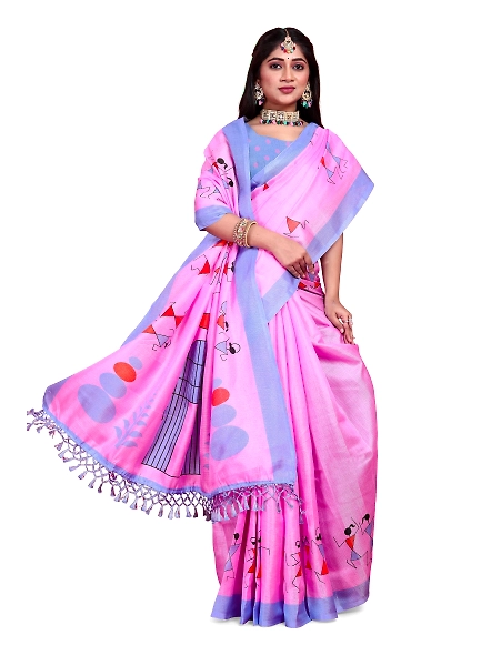 Khadi Silk Warli Printed Saree with Unstitched Blouse for Women-Pink-2