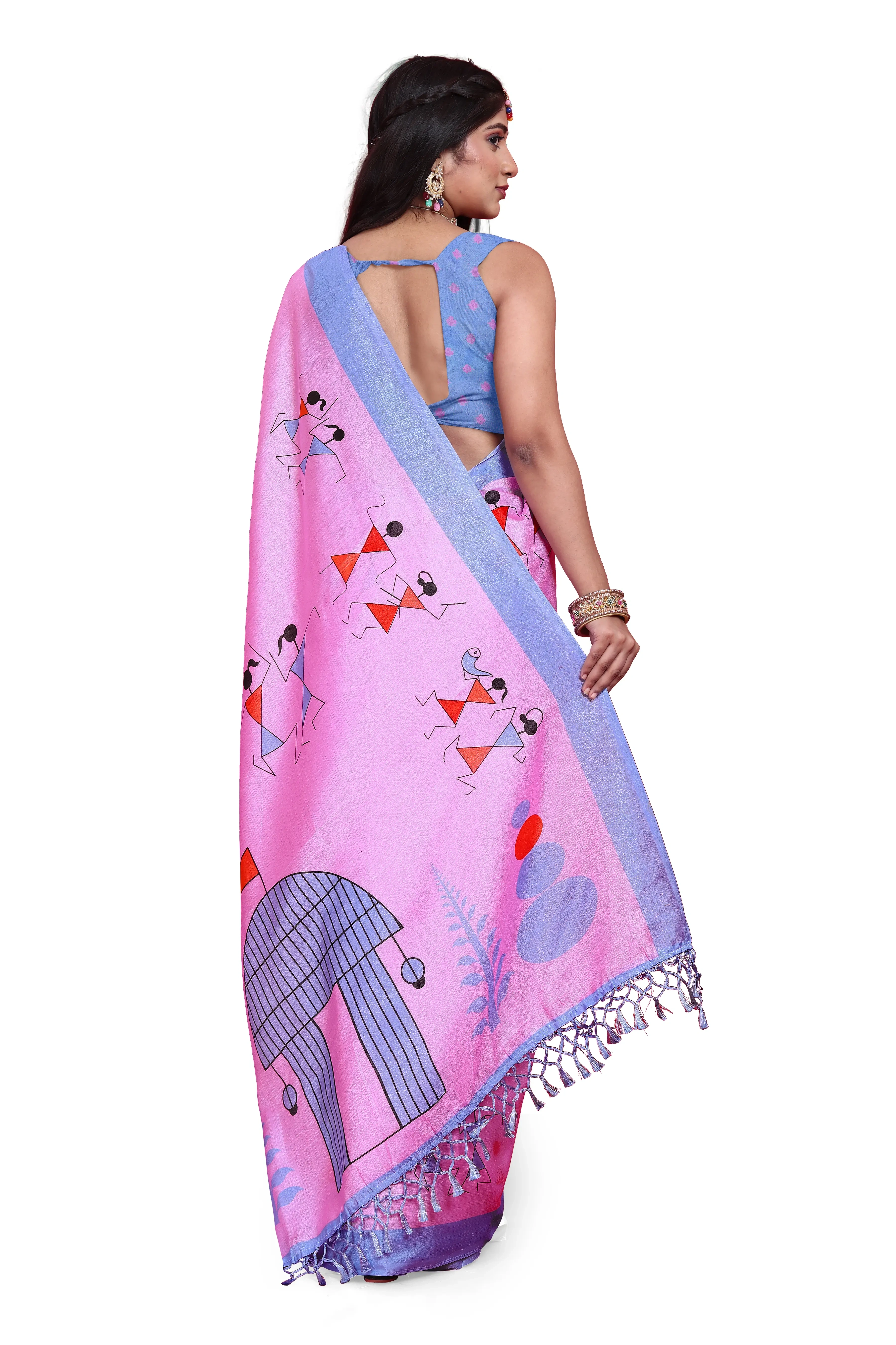 Khadi Silk Warli Printed Saree with Unstitched Blouse for Women-Pink-3