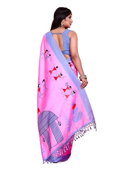 Khadi Silk Warli Printed Saree with Unstitched Blouse for Women-Pink-3