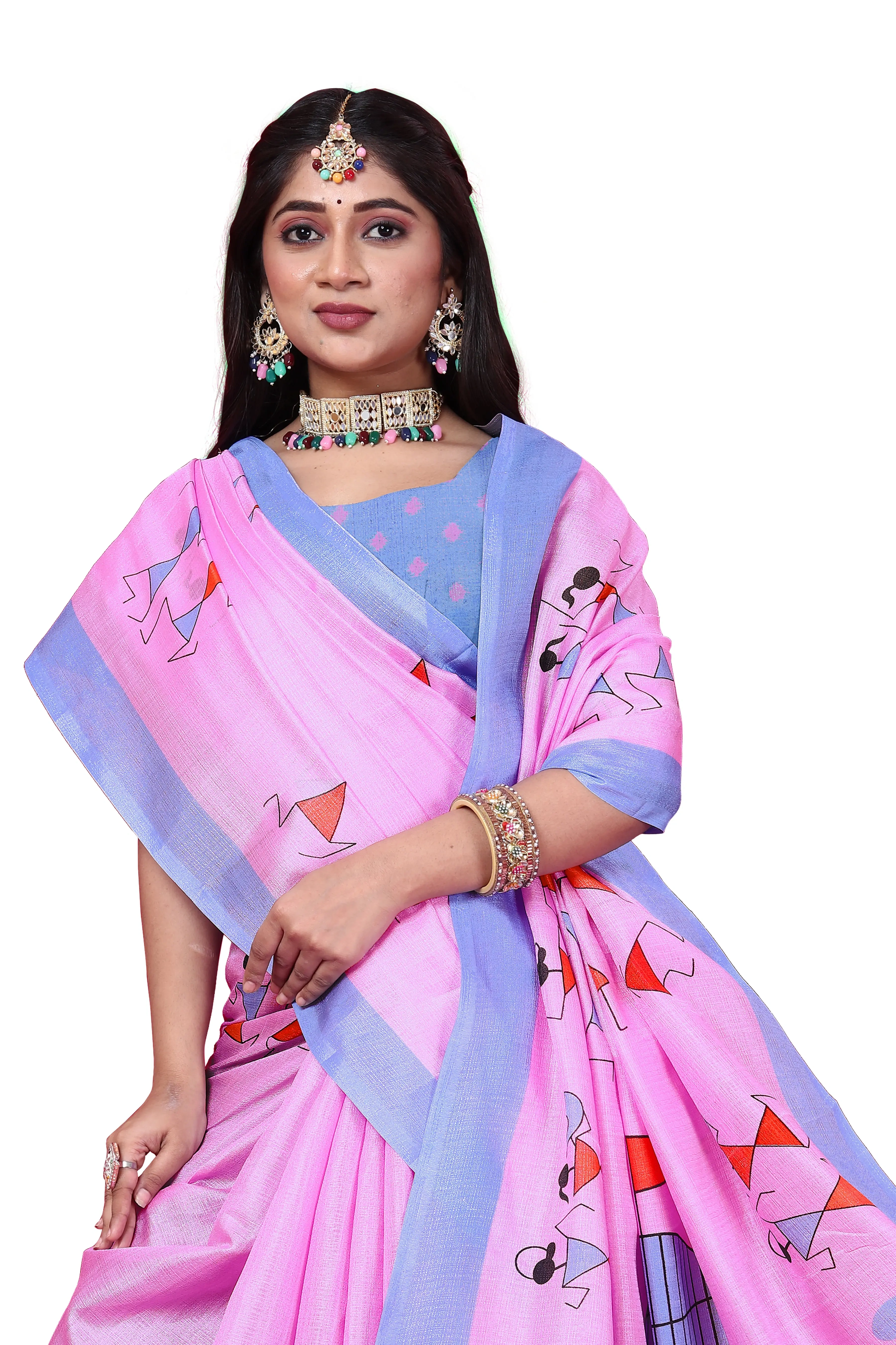 Khadi Silk Warli Printed Saree with Unstitched Blouse for Women-Pink-4