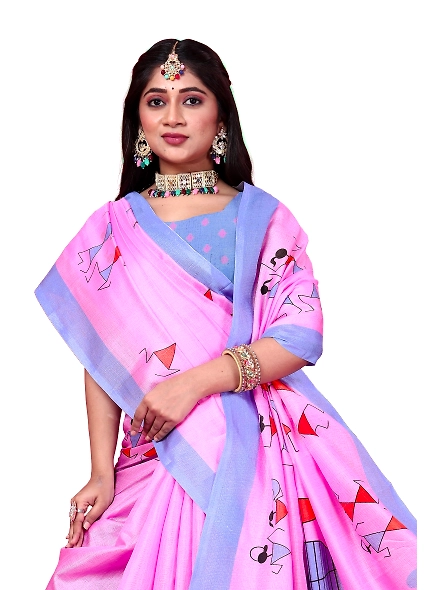 Khadi Silk Warli Printed Saree with Unstitched Blouse for Women-Pink-4