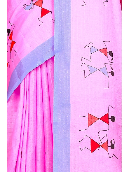 Khadi Silk Warli Printed Saree with Unstitched Blouse for Women-Pink-5