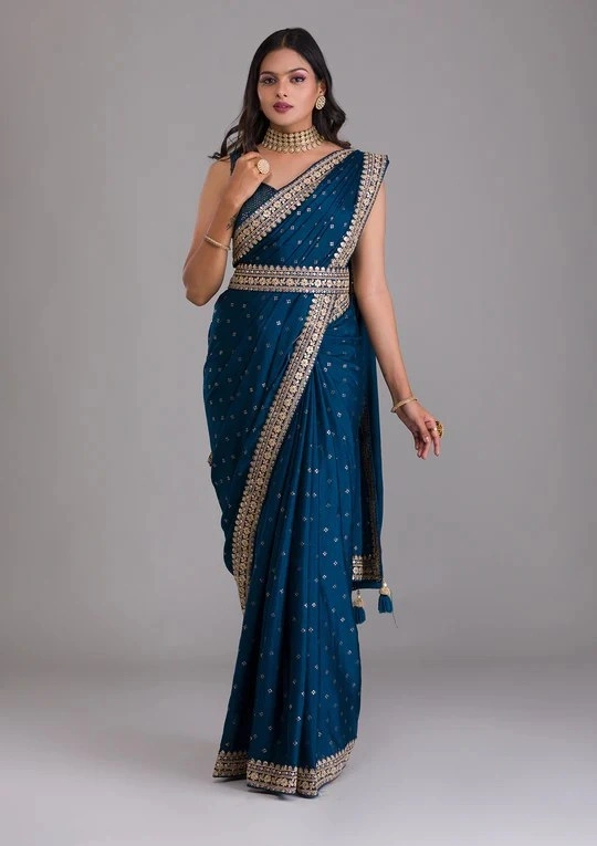 Peacock Blue Silk Saree with Zari and Sequins-SN-335