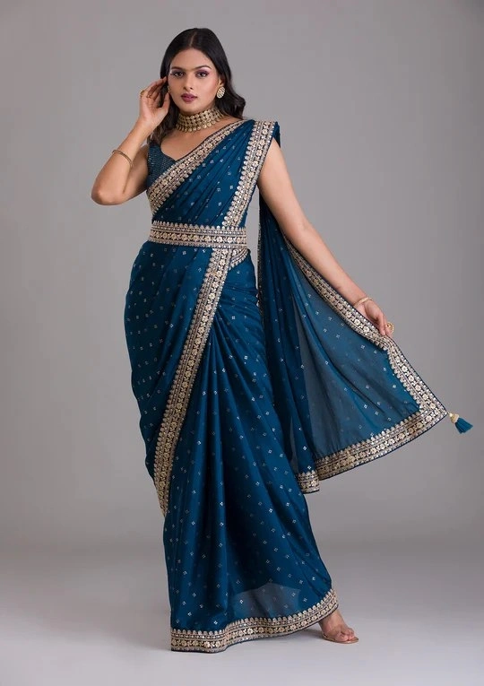 Peacock Blue Silk Saree with Zari and Sequins-Blue-1