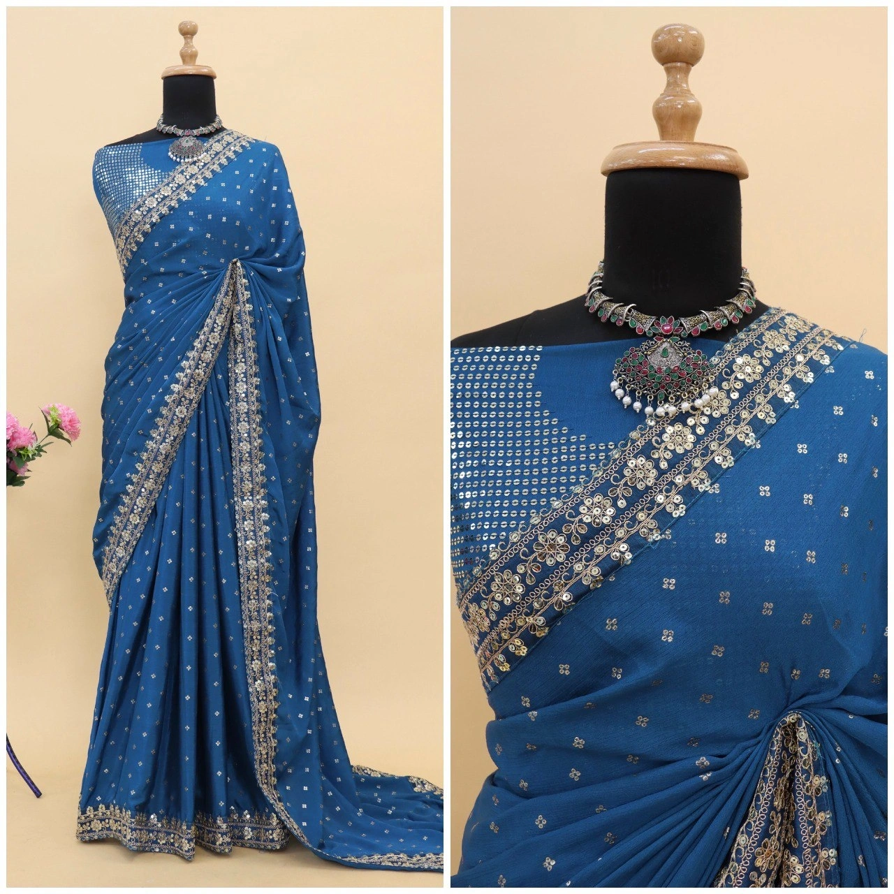 Peacock Blue Silk Saree with Zari and Sequins-Blue-2