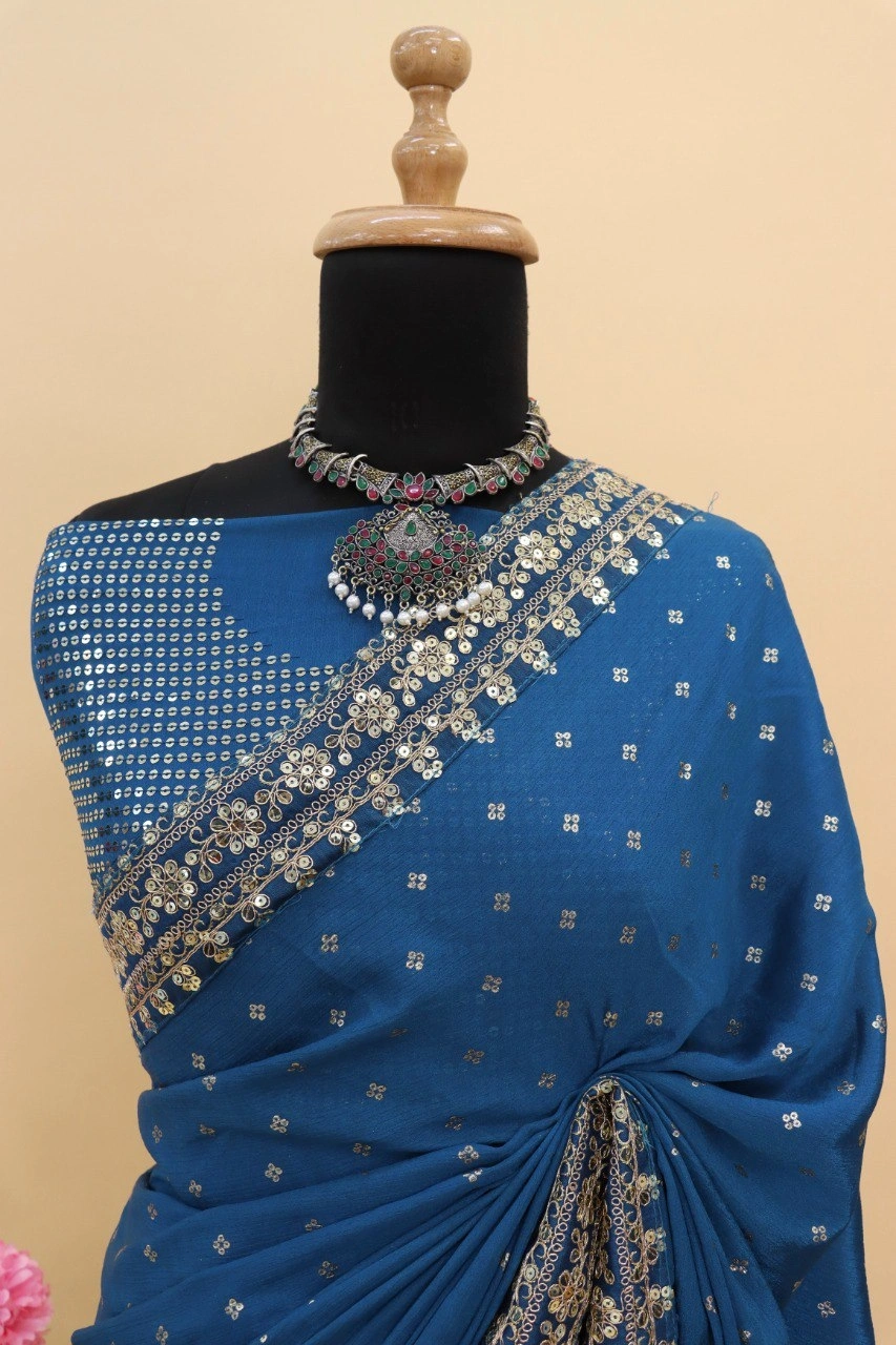 Peacock Blue Silk Saree with Zari and Sequins-Blue-3