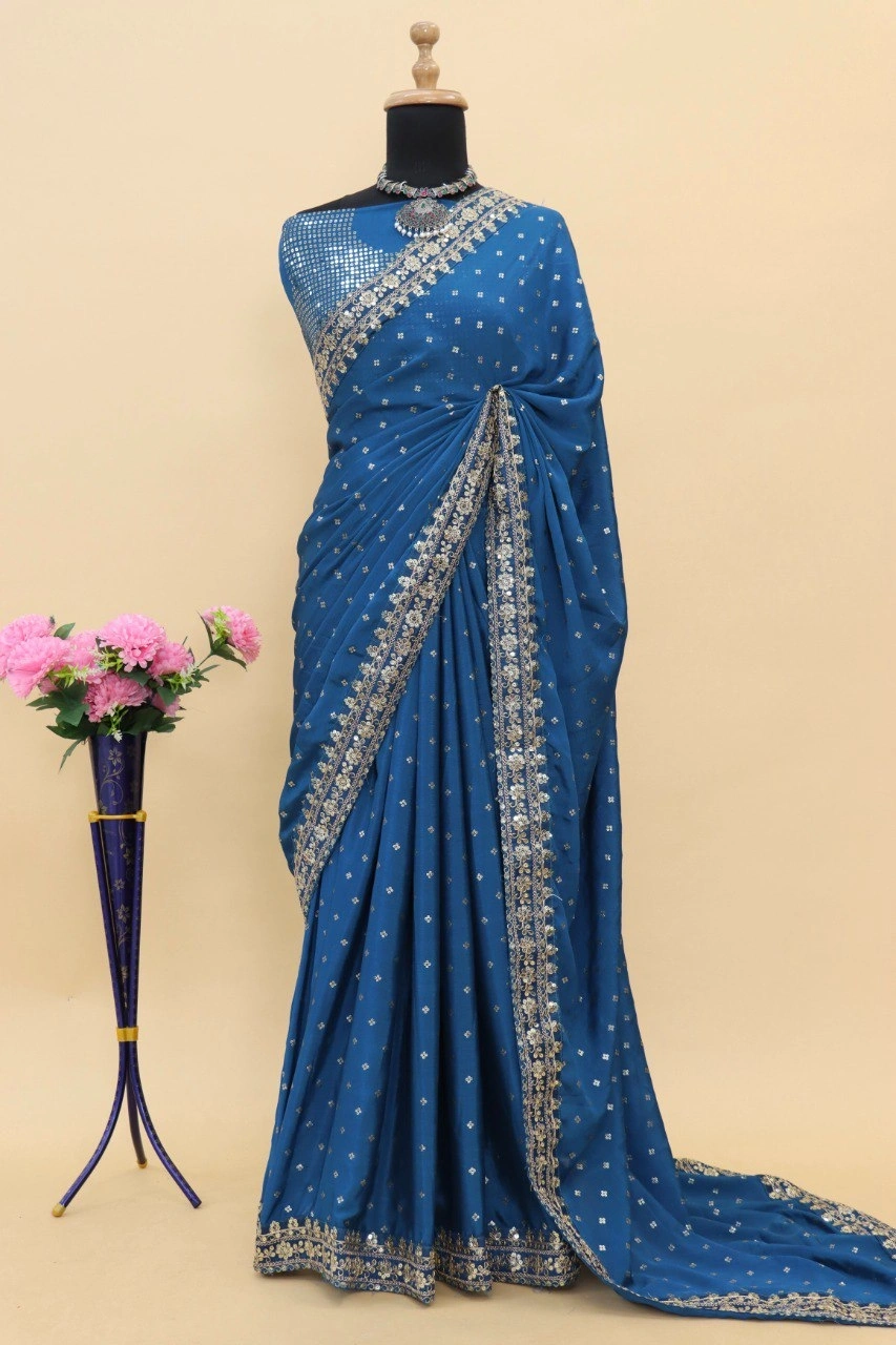 Peacock Blue Silk Saree with Zari and Sequins-Blue-4