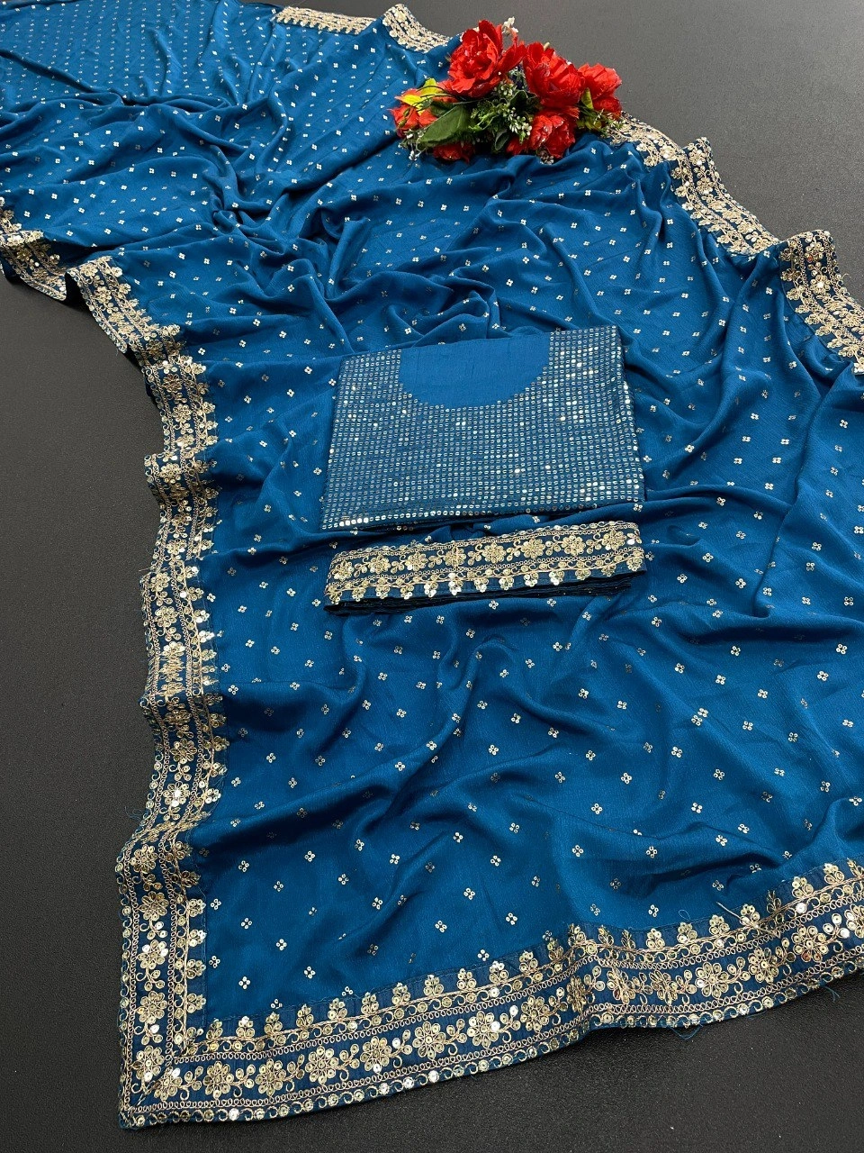 Peacock Blue Silk Saree with Zari and Sequins-Blue-5