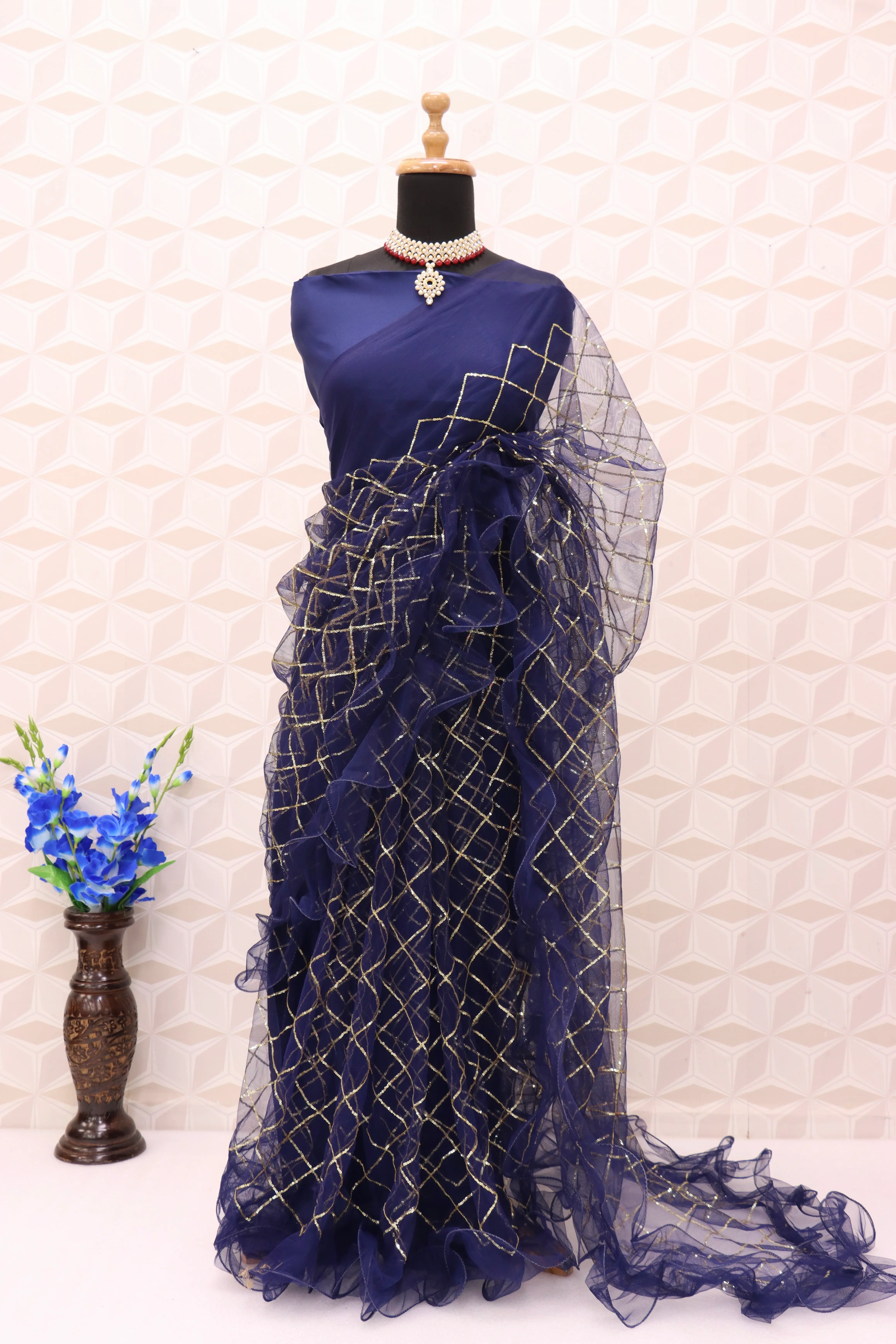 Blue Glamorous Sequins Work Indian Saree - Elegant Ethnic Attire-Blue-4