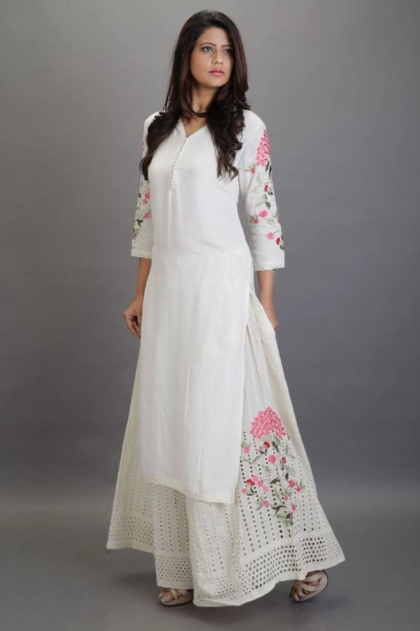 Ivory Hakoba Kurta &amp; Pant Set - Elegant Ensemble for Modern Sophistication-WLS011-XS