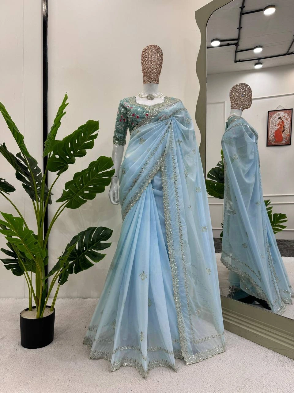 Light Blue Tabby Silk Saree with Sequence Work-KD-510