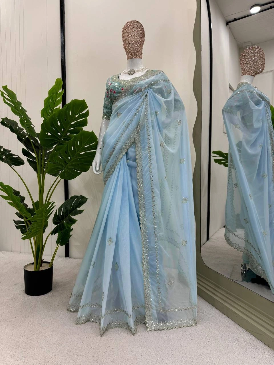 Light Blue Tabby Silk Saree with Sequence Work-1