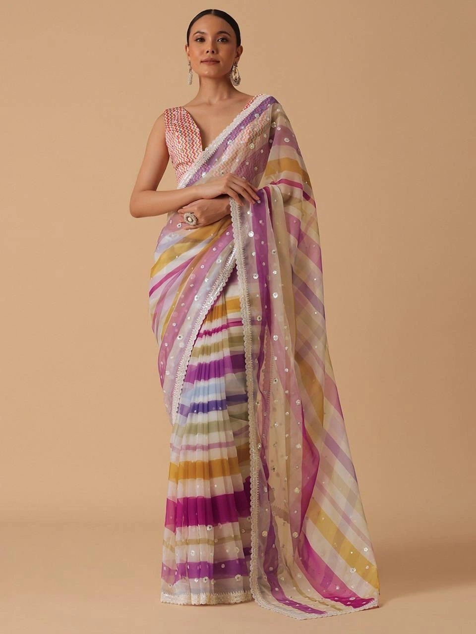 Pink Georgette Striped Saree With Unstitched Blouse Piece-BT1245A