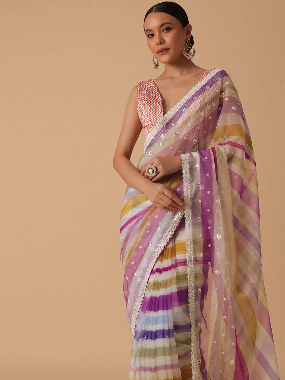 Pink Georgette Striped Saree With Unstitched Blouse Piece-Pink-1