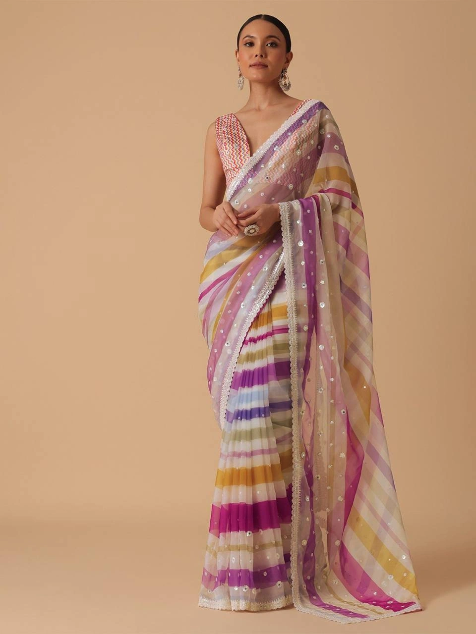 Pink Georgette Striped Saree With Unstitched Blouse Piece-Pink-2