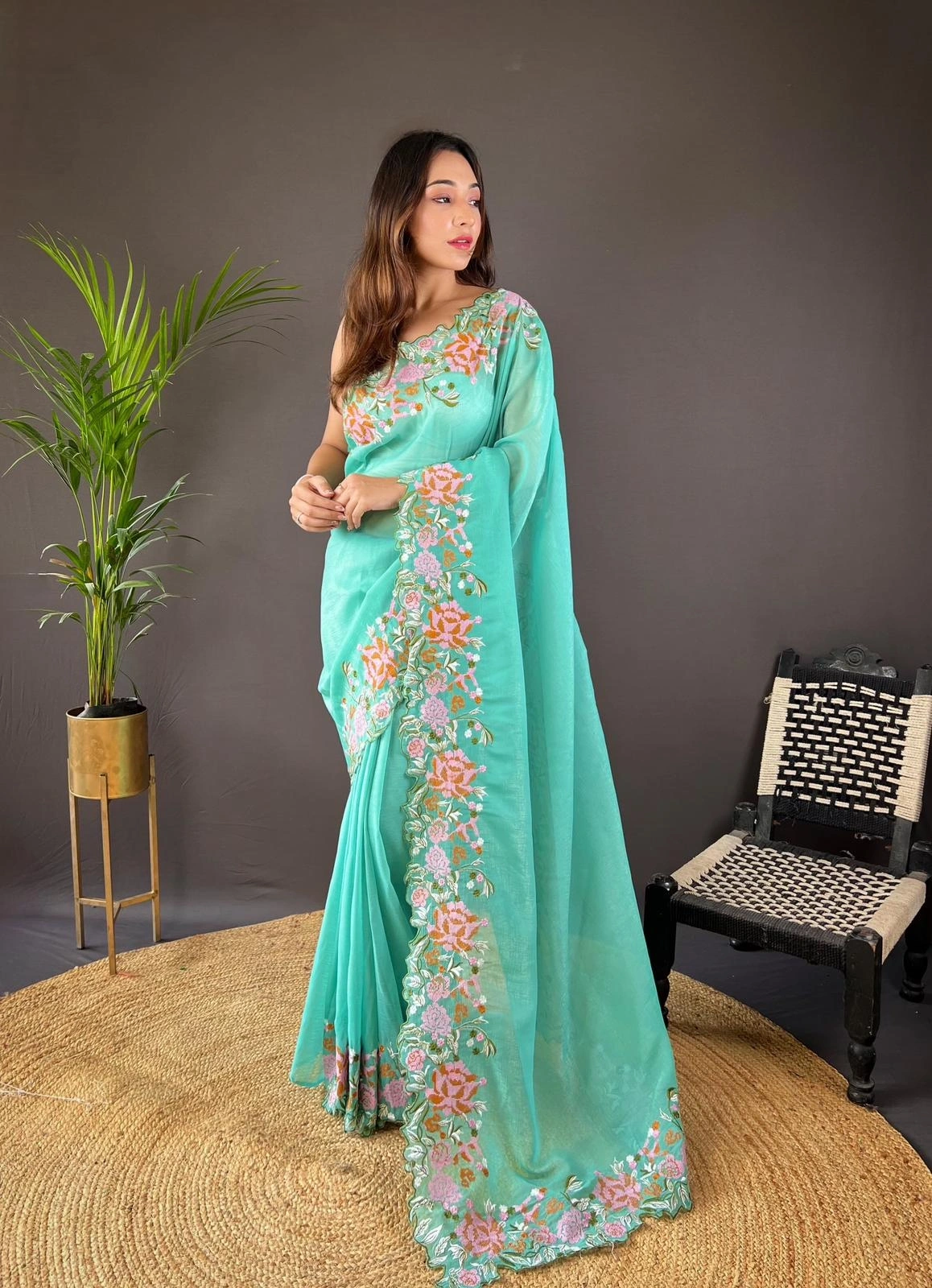 Soft Georgette Silk Embroidered Saree-Cyan-2