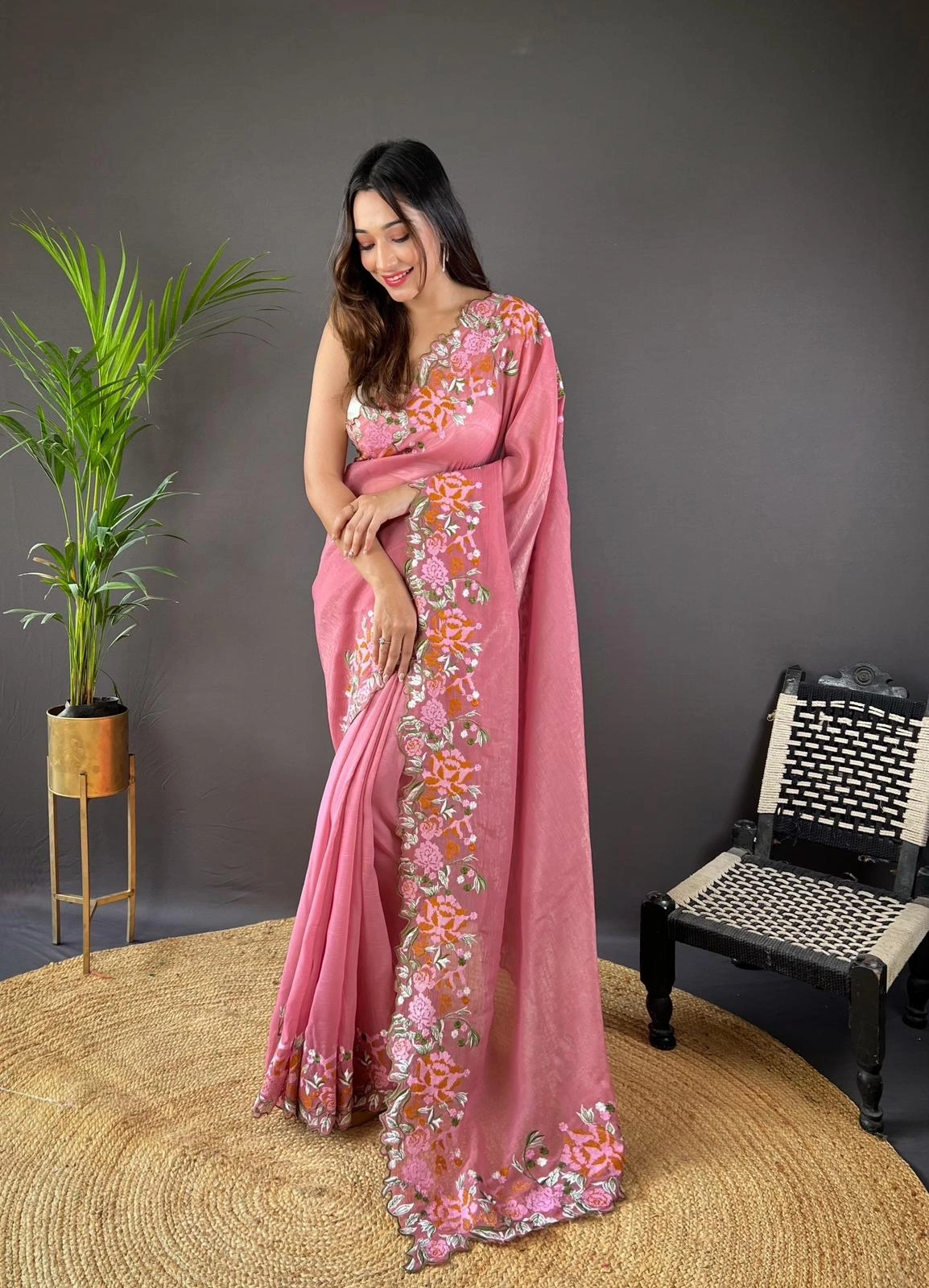 Soft Georgette Silk Embroidered Saree-Pink-1