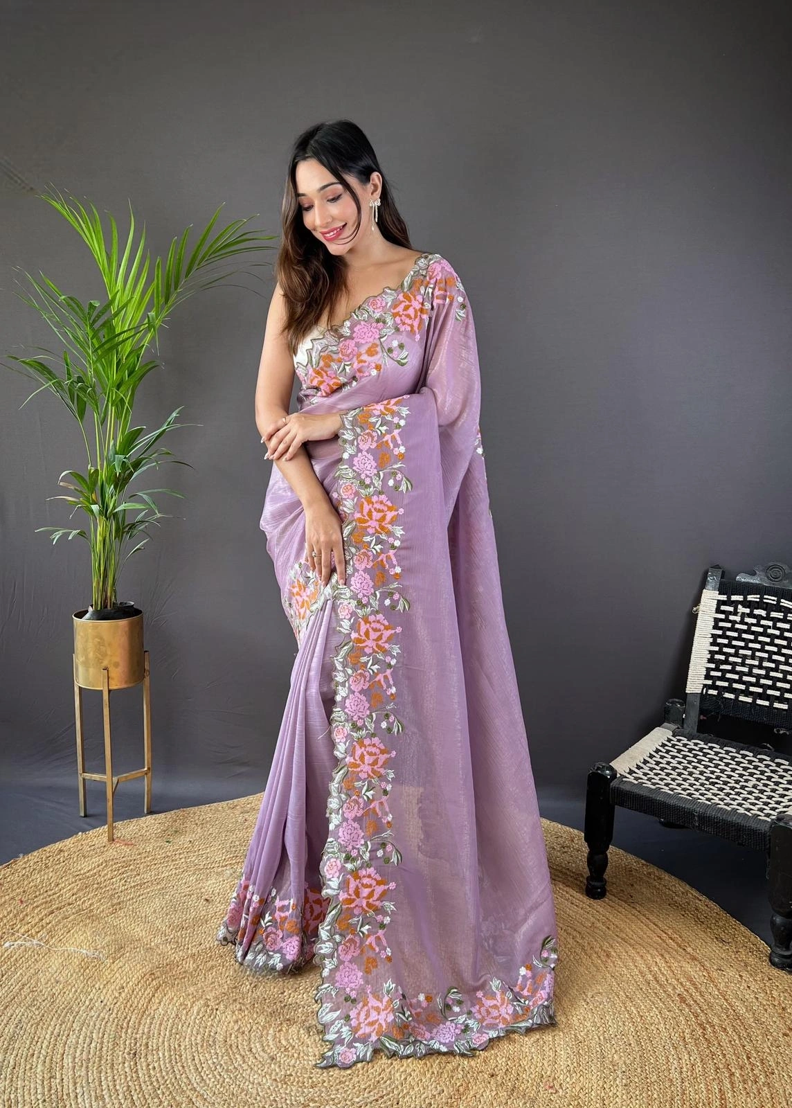 Soft Georgette Silk Embroidered Saree-Purple-2