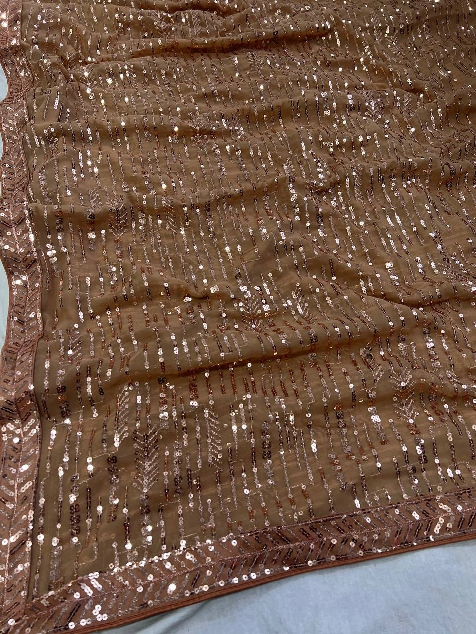 Brown Sequins and Thread Embroidered Georgette Saree-Brown-3