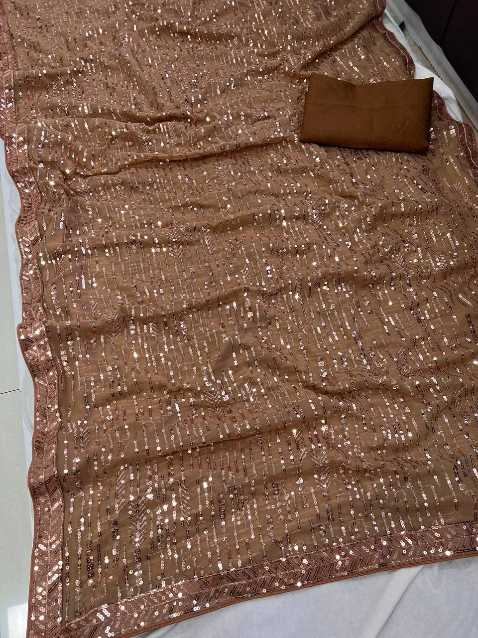 Brown Sequins and Thread Embroidered Georgette Saree-Brown-4