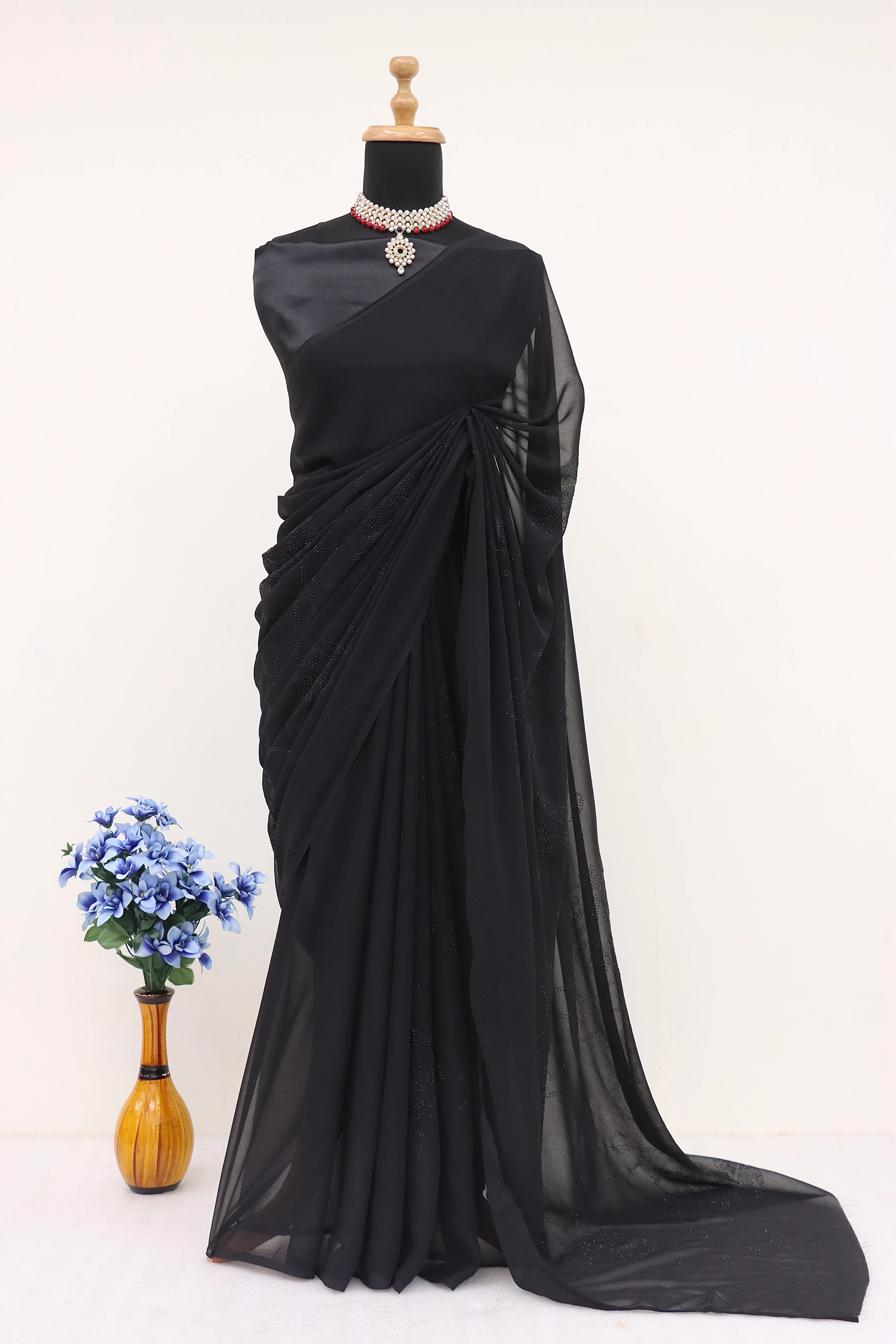 Exquisite Black Georgette Saree with Heavy Siroski and CDM Diamonds-Black-2