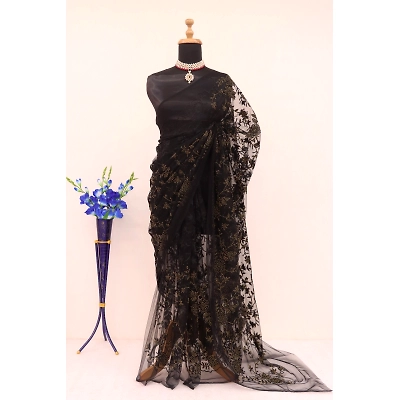 SHIV Elegant Wedding Wear Chain Stitch Embroideries Net Fabric Saree with Blouse