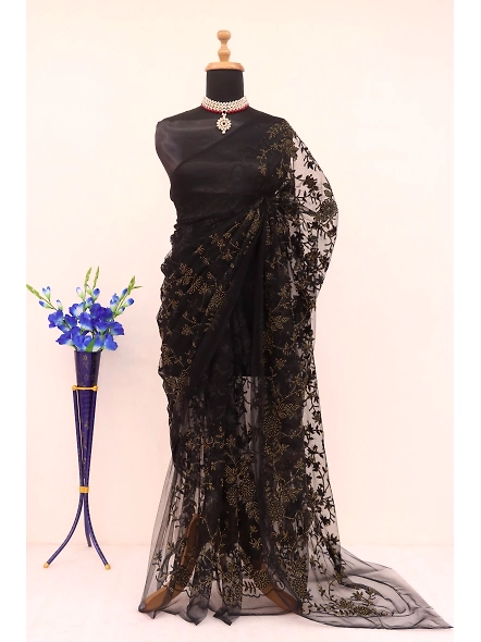 Elegant Wedding Wear Chain Stitch Embroideries Net Fabric Saree with Blouse-NX-488-Black