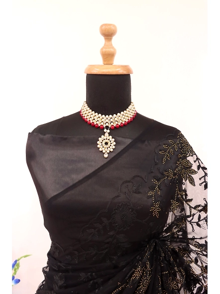 Elegant Wedding Wear Chain Stitch Embroideries Net Fabric Saree with Blouse-Black-1