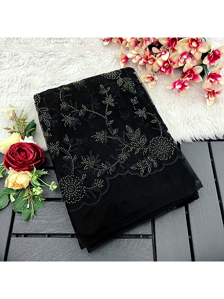 Elegant Wedding Wear Chain Stitch Embroideries Net Fabric Saree with Blouse-Black-4