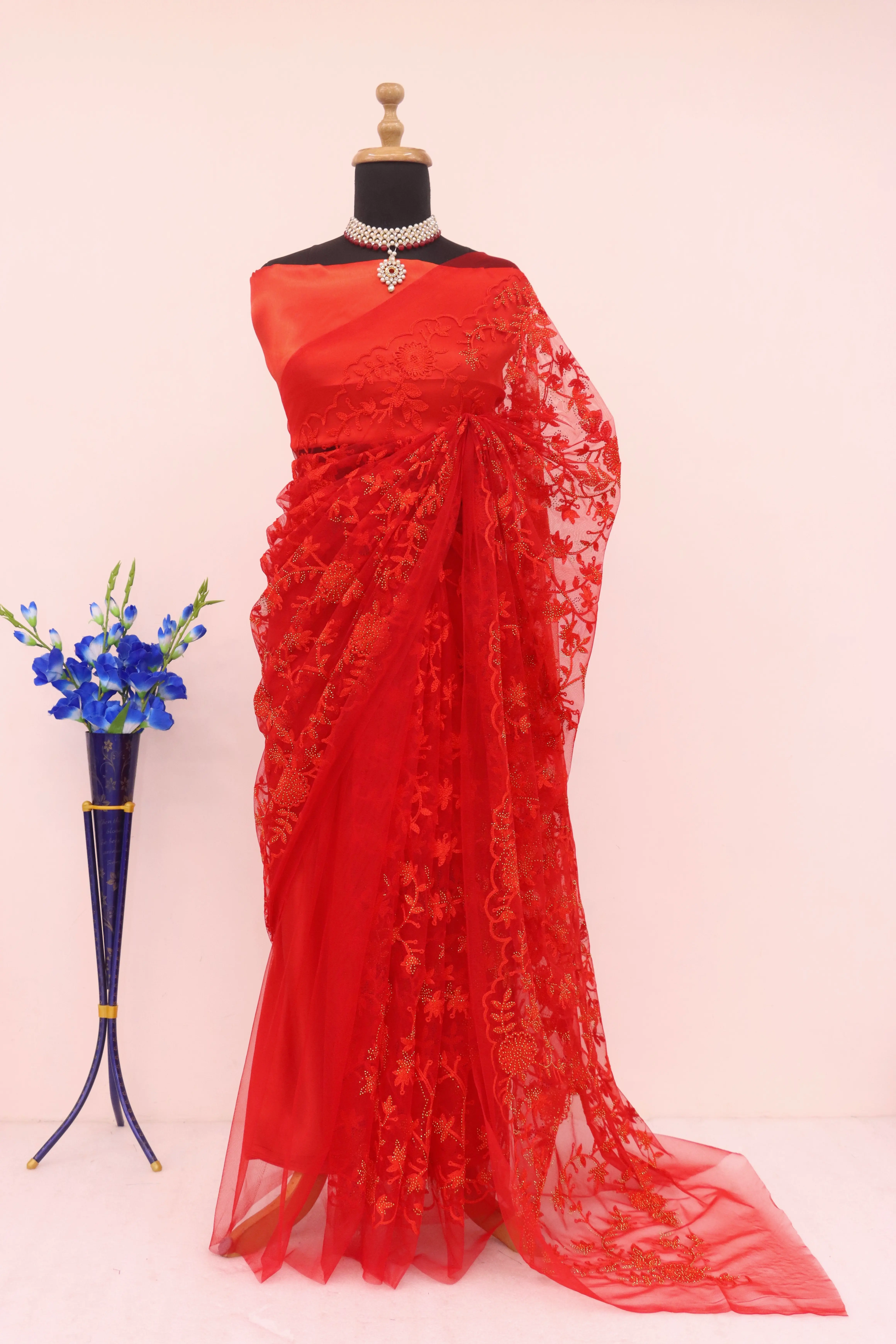 Elegant Wedding Wear Chain Stitch Embroideries Net Fabric Saree with Blouse-NX-488-Red