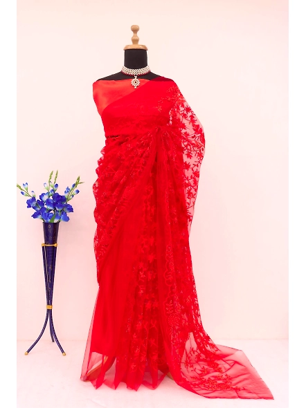 Elegant Wedding Wear Chain Stitch Embroideries Net Fabric Saree with Blouse-NX-488-Red