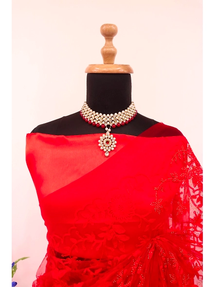 Elegant Wedding Wear Chain Stitch Embroideries Net Fabric Saree with Blouse-Red-1
