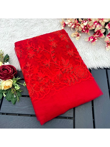Elegant Wedding Wear Chain Stitch Embroideries Net Fabric Saree with Blouse-Red-3