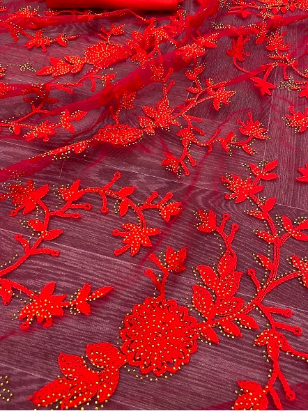 Elegant Wedding Wear Chain Stitch Embroideries Net Fabric Saree with Blouse-Red-4
