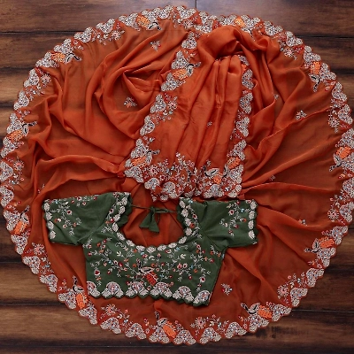 SHIV Orange Rangoli Silk Saree for Party Wear with Heavy Embroidery