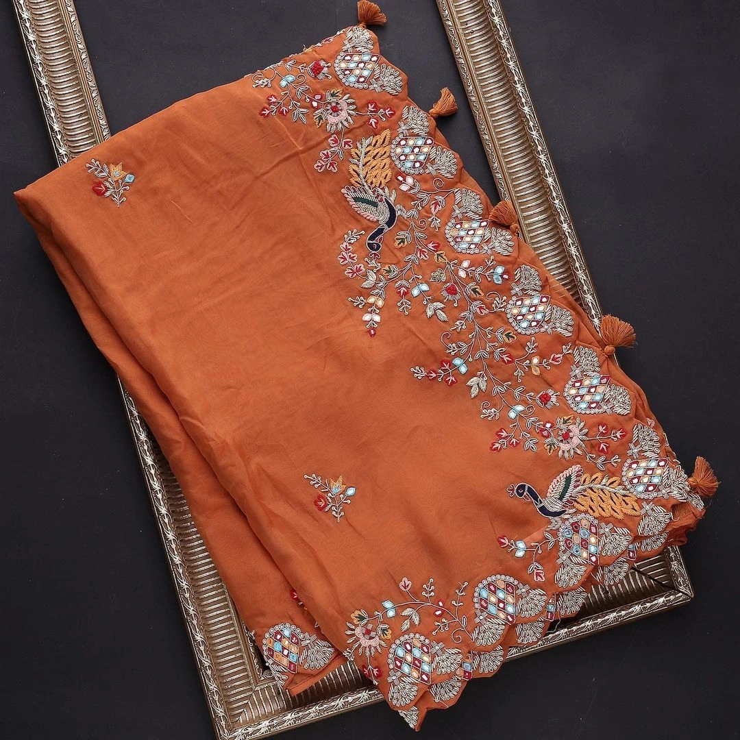 Orange Rangoli Silk Saree for Party Wear with Heavy Embroidery-Orange-1