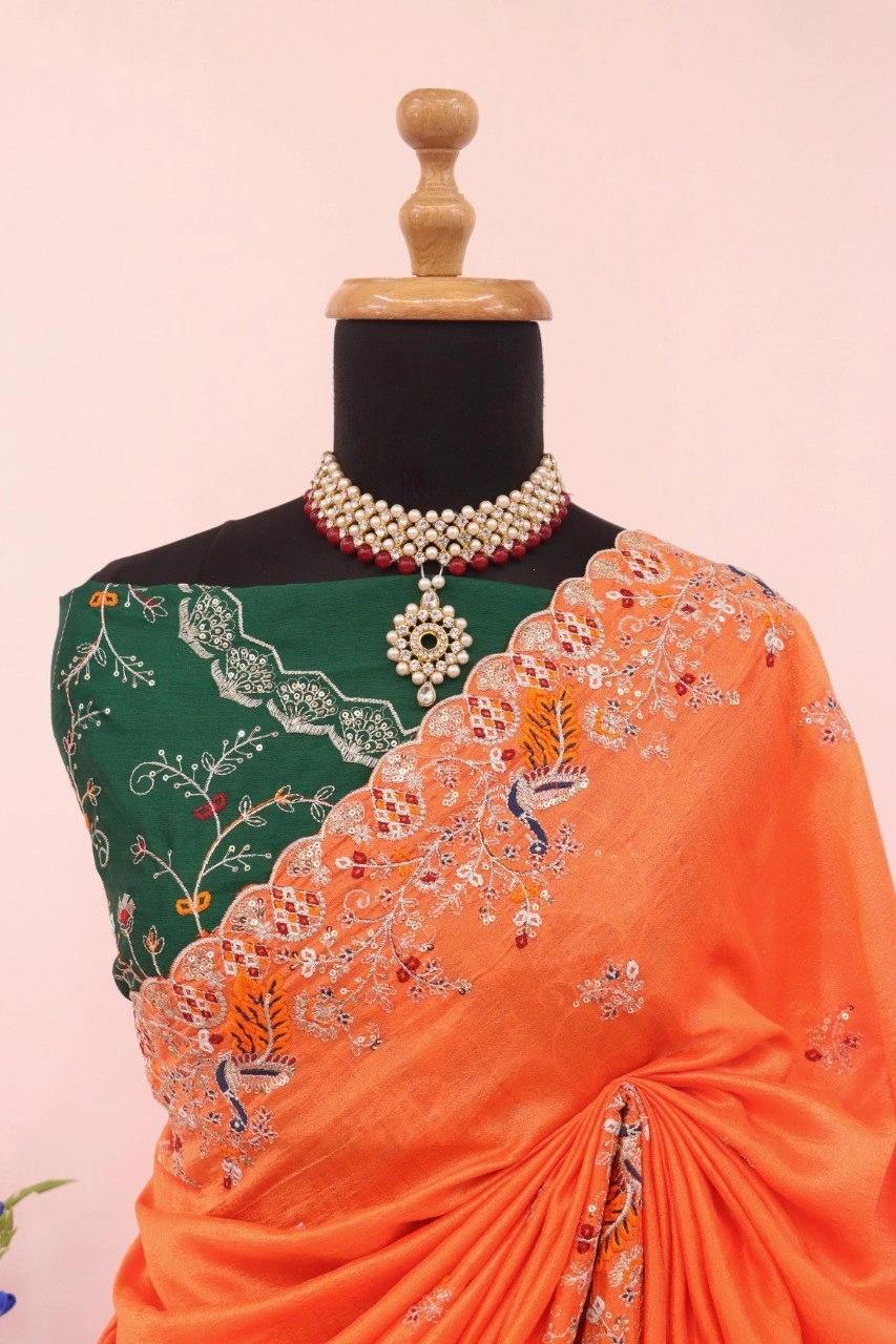 Orange Rangoli Silk Saree for Party Wear with Heavy Embroidery-Orange-3