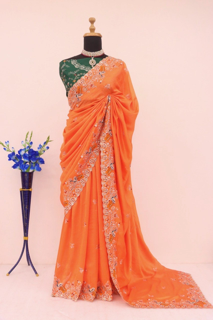 Orange Rangoli Silk Saree for Party Wear with Heavy Embroidery-Orange-4