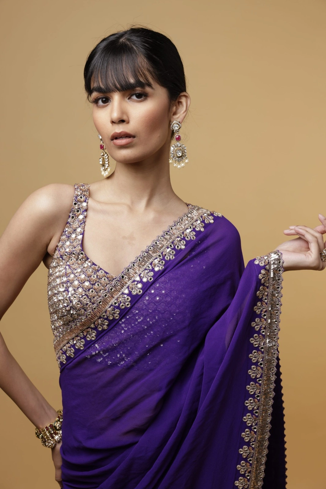 Elevate Your Bridal Look: Purple Hand-Embroidered Saree