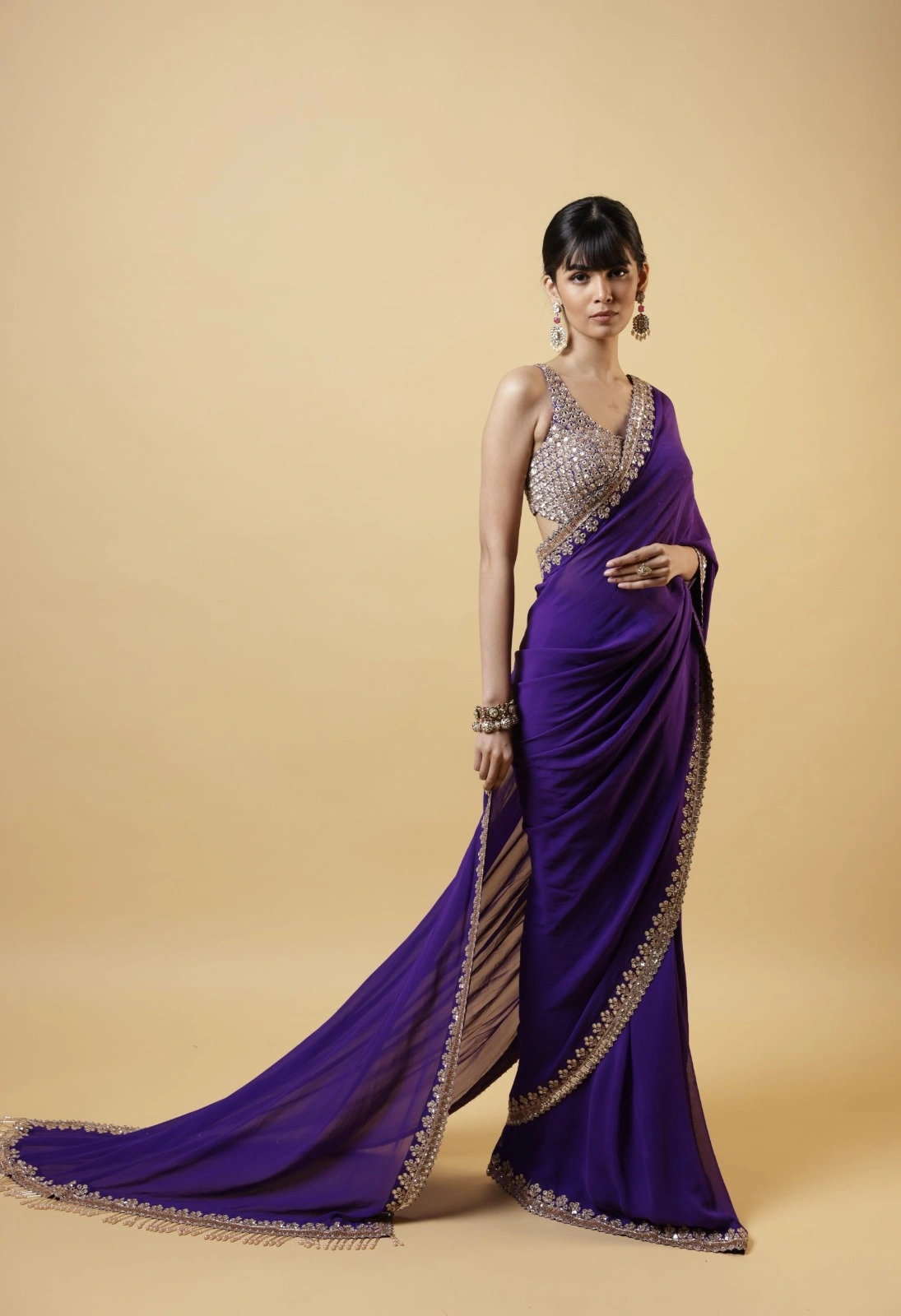 Elevate Your Bridal Look: Purple Hand-Embroidered Saree