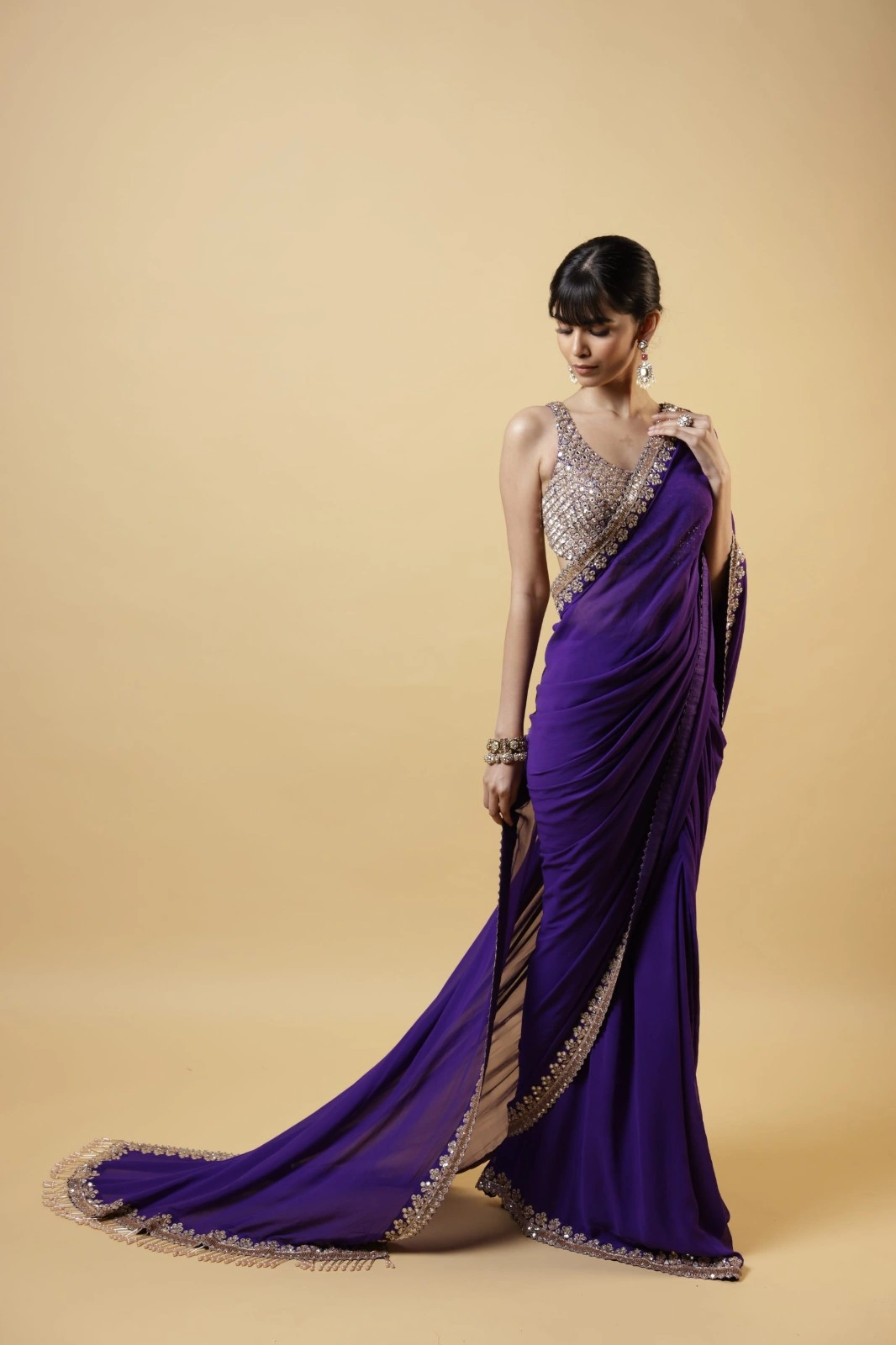 Elevate Your Bridal Look: Purple Hand-Embroidered Saree